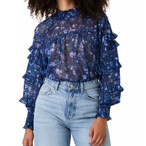 French Connection Anifrida Arica Ruffle Pleat-Sleeve Top Mock Neck Floral Sheer